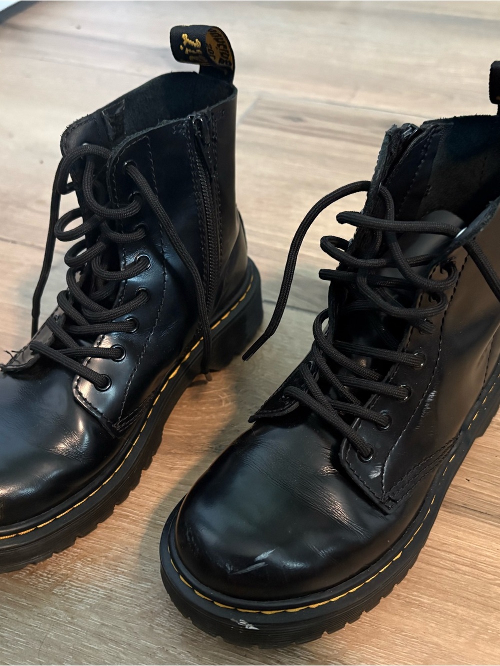 Dr. Martens Black Leather Lace-Up Boots with Yellow Stitching